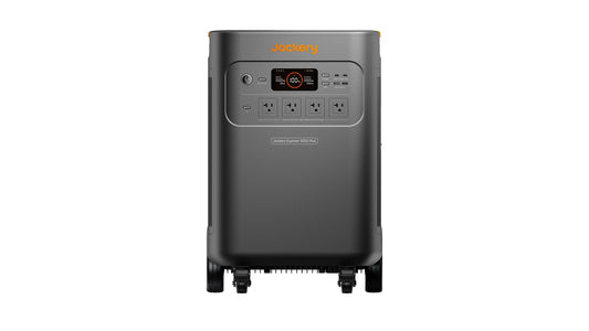 Jackery Explorer 5000 Plus power station front view with LCD display and four US NEMA AC outlets