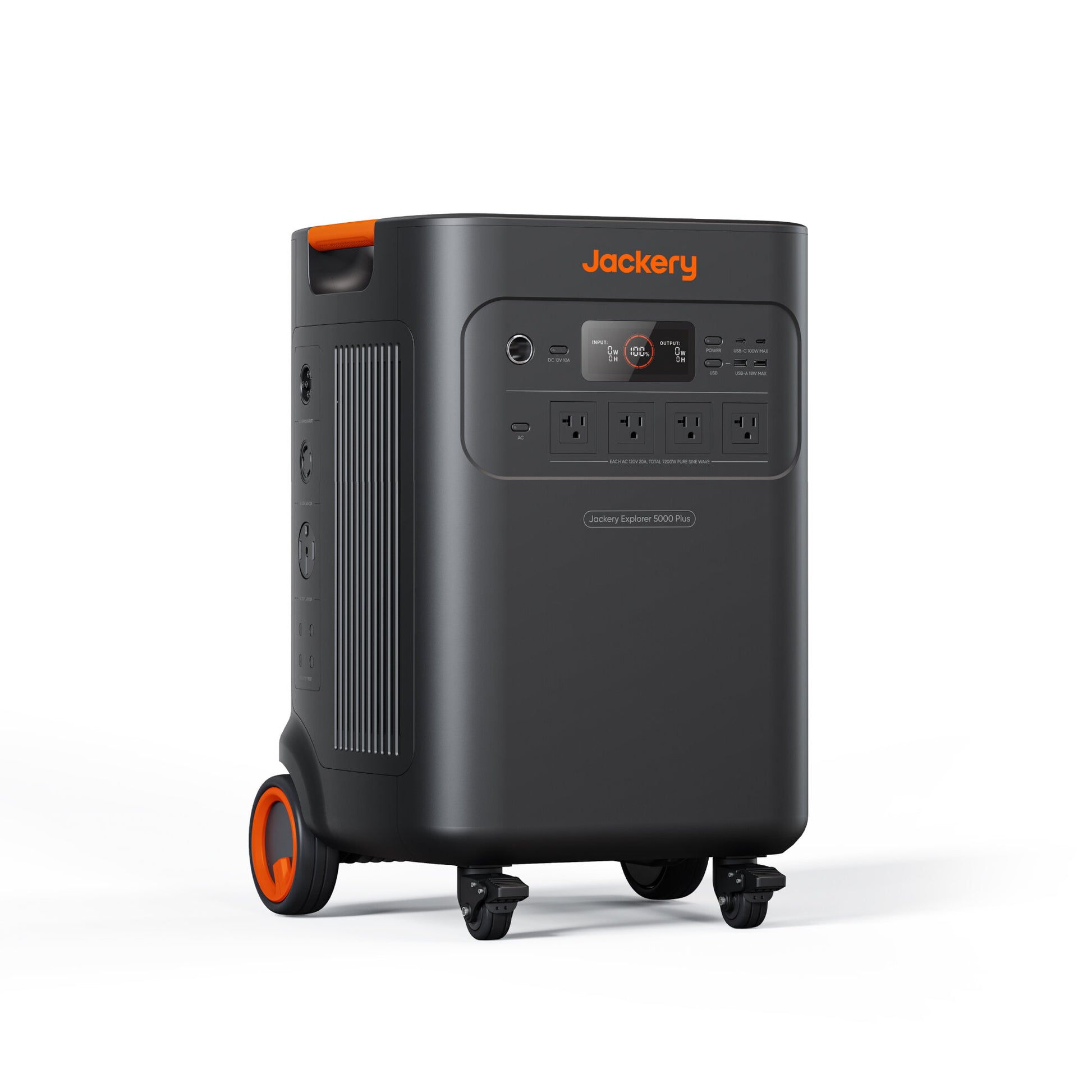 Jackery Explorer 5000 Plus power station angled view showing wheels and Jackery branding