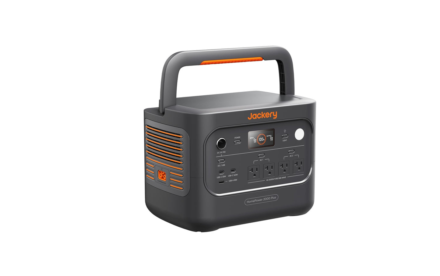 HomePower 2000 Plus v2 power station angled front-left view showing USB-C USB-A and AC1/AC2 outlets with display