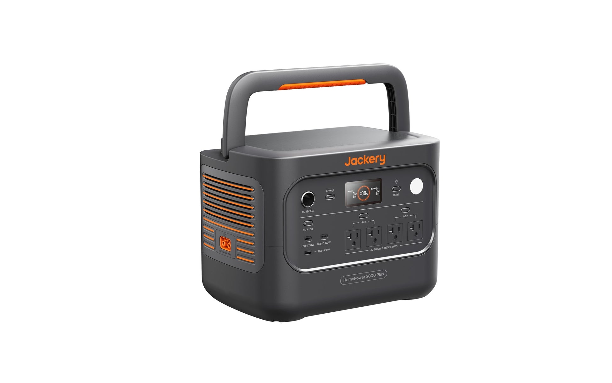 HomePower 2000 Plus v2 power station angled front-left view showing USB-C USB-A and AC1/AC2 outlets with display