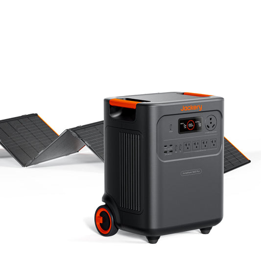 HomePower 3600 Plus power station bundled with folded SolarSaga 500X solar panel on white background