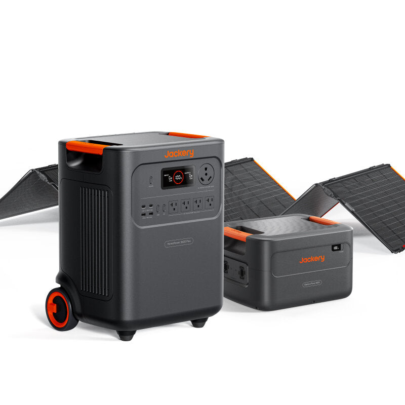 HomePower 3600 Plus, Battery Pack 3600, and folded SolarSaga 500X panel grouped on white background