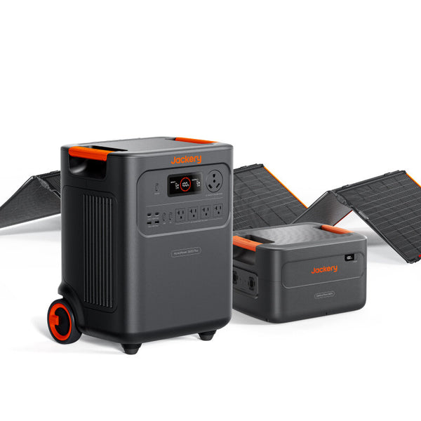 HomePower 3600 Plus, Battery Pack 3600, and folded SolarSaga 500X panel grouped on white background