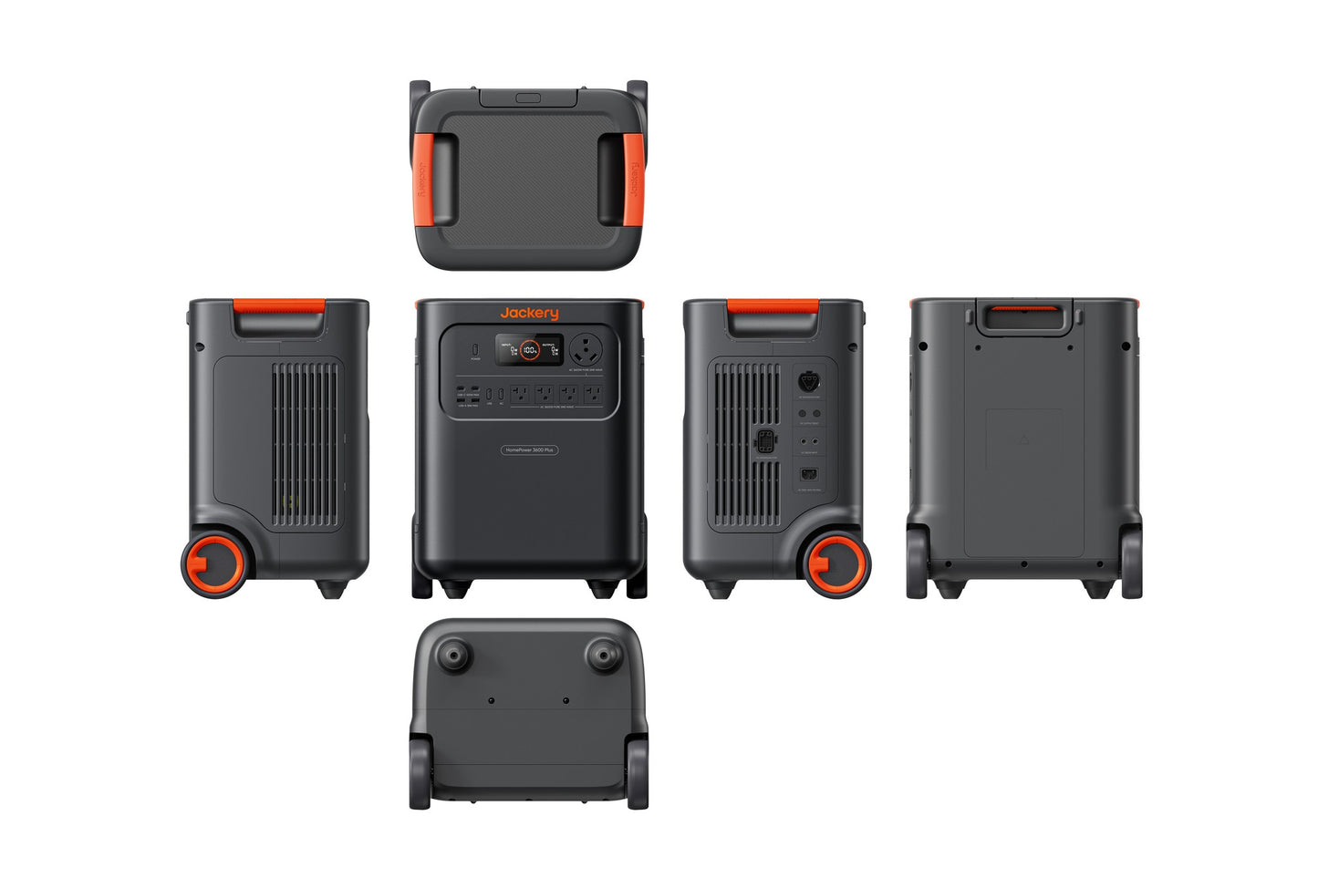 Six-view technical drawing of HomePower 3600 Plus from front, back, sides, top, and bottom