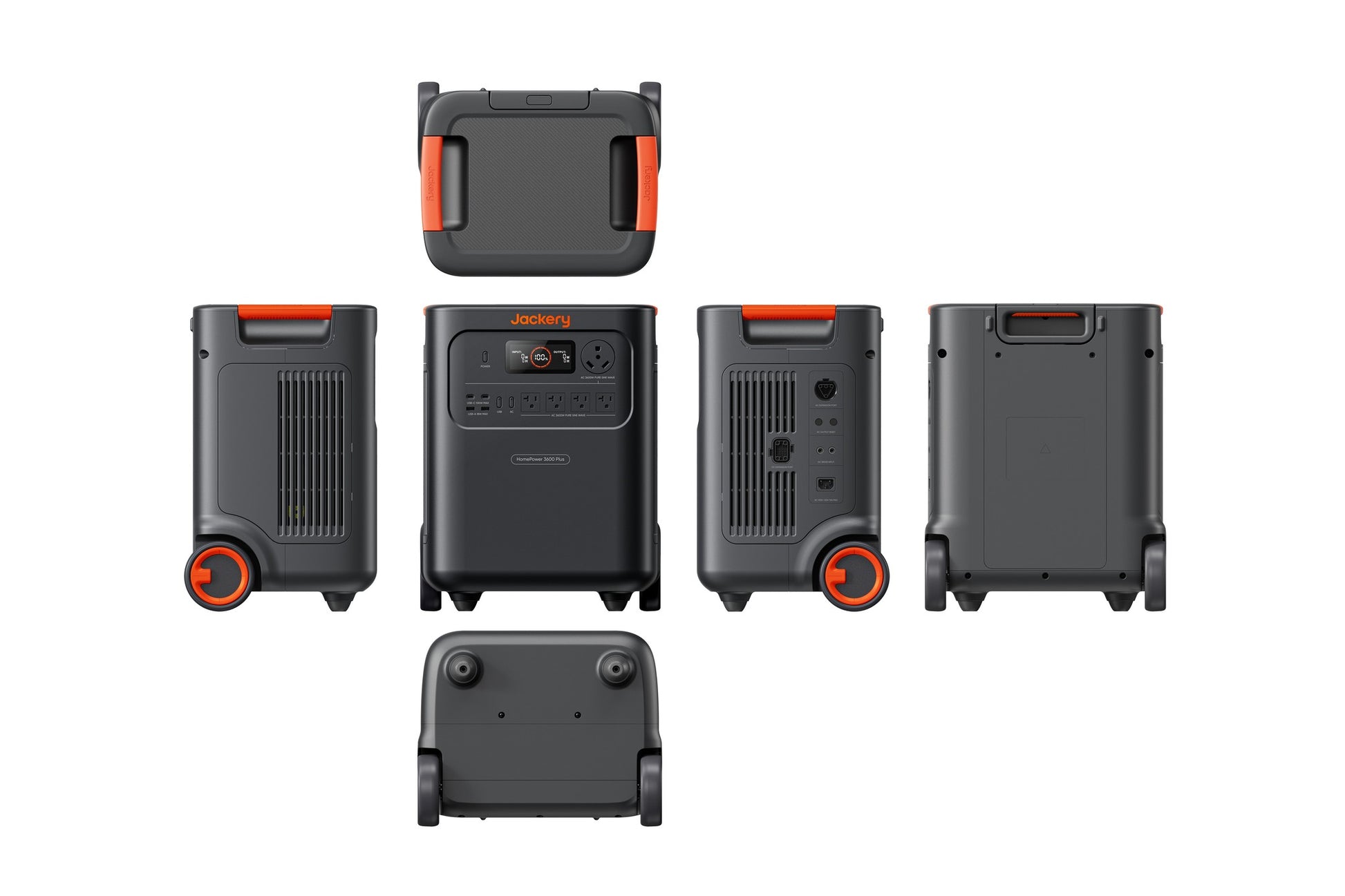 Six-view technical drawing of HomePower 3600 Plus from front, back, sides, top, and bottom