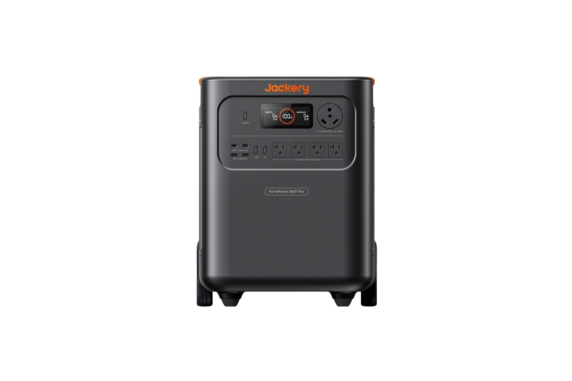 Front view of black HomePower 3600 Plus power station showing display, four AC outlets, and USB ports