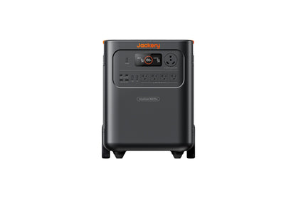 Front view of black HomePower 3600 Plus power station showing display, four AC outlets, and USB ports