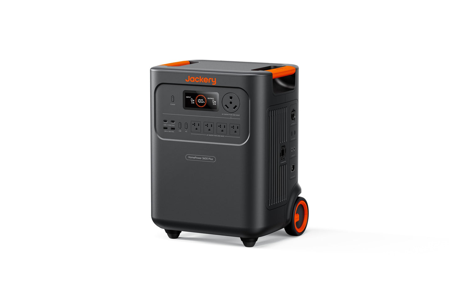 Three-quarter angle view of HomePower 3600 Plus on wheels showing side vent and handle
