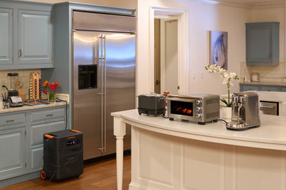 HomePower 3600 Plus powering a slow cooker, toaster oven, and espresso machine on a kitchen island