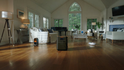 HomePower 3600 Plus in a bright living room powering an electric fireplace and robot vacuum