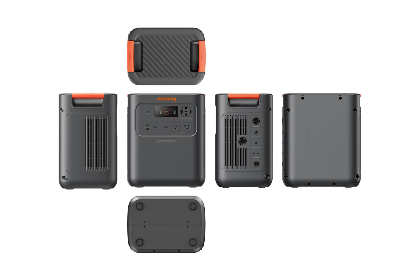 Six-view technical reference showing front, back, top, bottom, and side panels of HomePower 3600 Pro Max