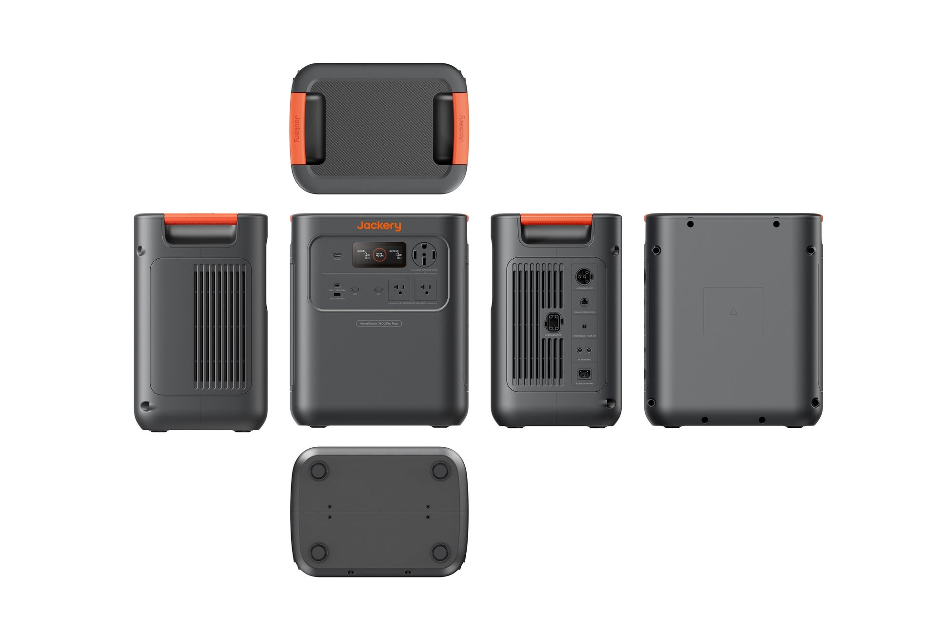 Six-view technical reference showing front, back, top, bottom, and side panels of HomePower 3600 Pro Max