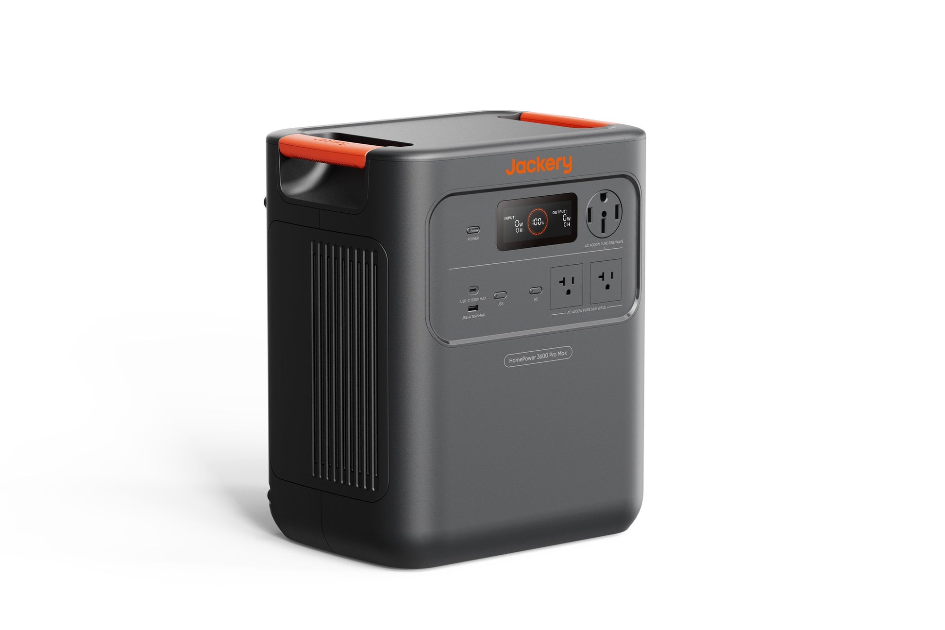 Alternate three-quarter angle view of HomePower 3600 Pro Max power station on white background