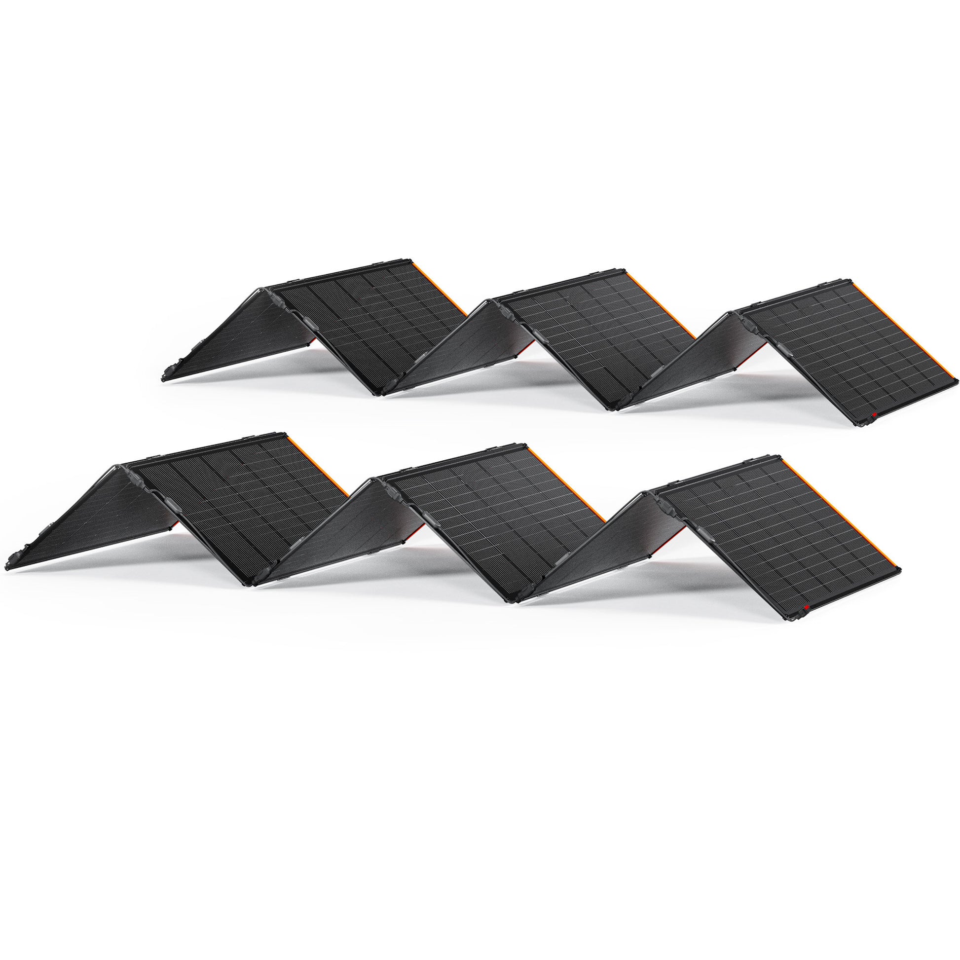 Three-panel array of unfolded 500X solar panels in straight row formation on white background