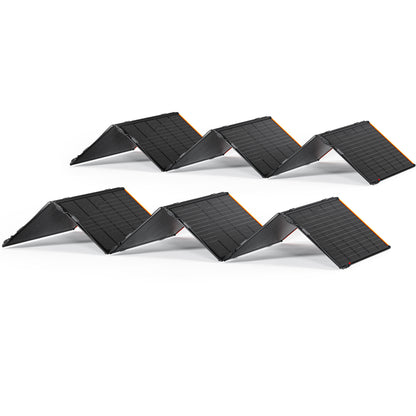Three-panel array of unfolded 500X solar panels in straight row formation on white background