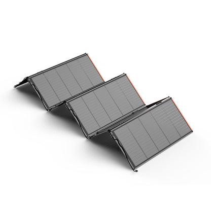 Diagonal arrangement of unfolded 500X solar panels showing connector cables on white background