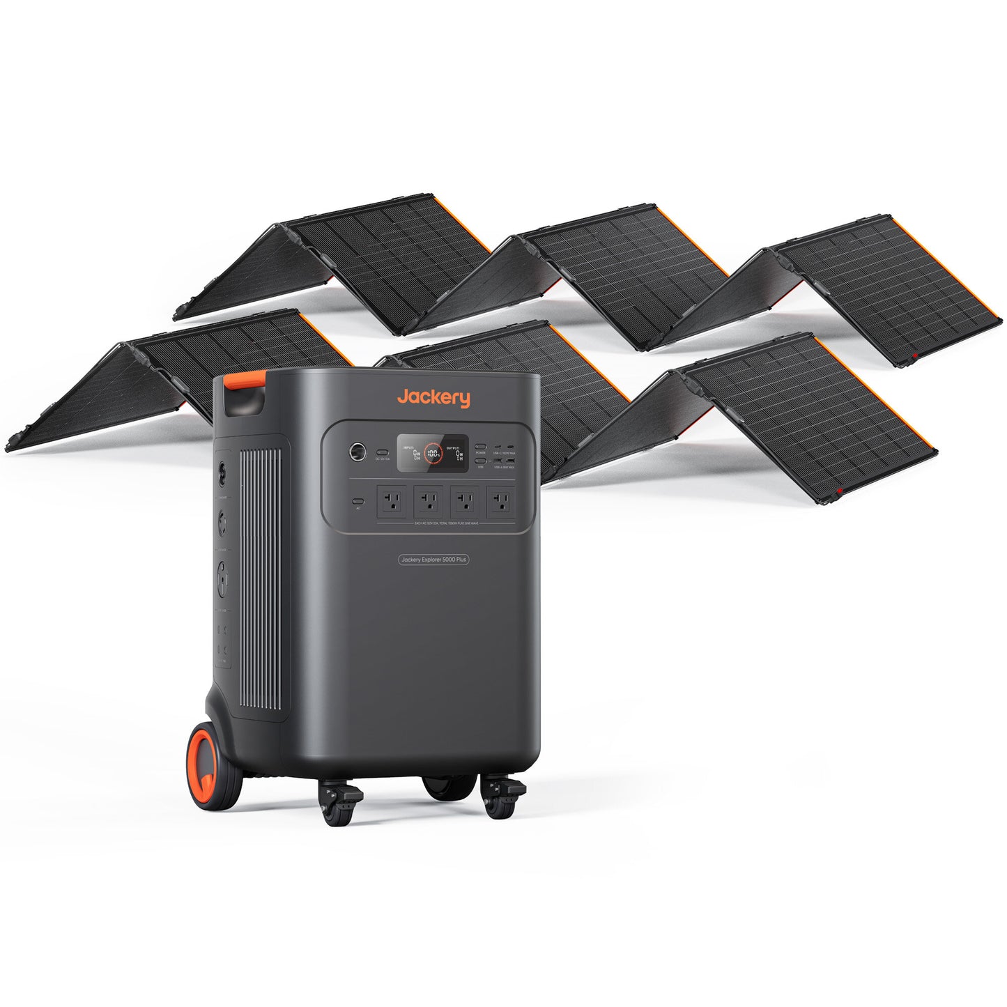 Jackery Solar Generator 5000 Plus bundle with two SolarSaga 500X panels unfolded on white background