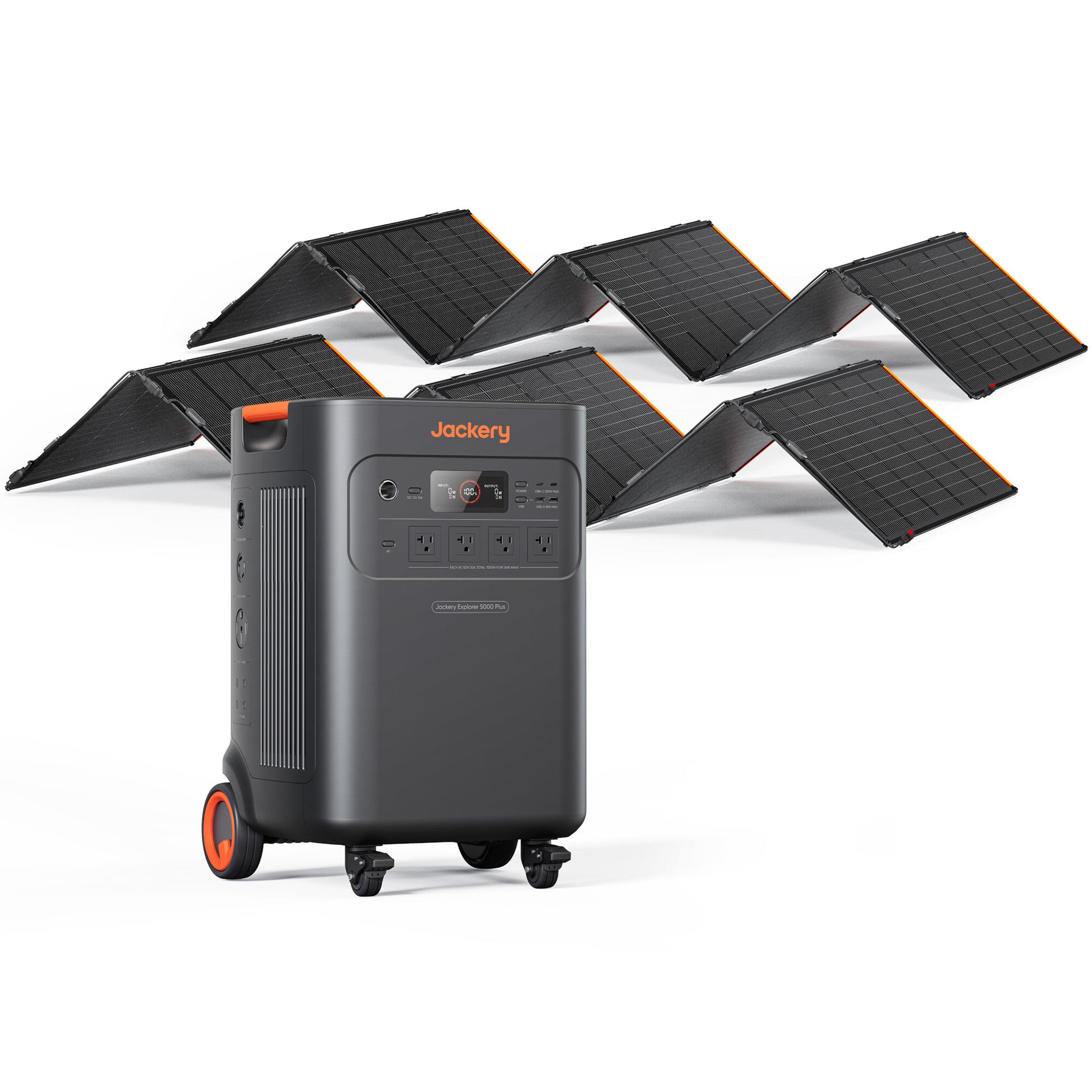 Jackery Solar Generator 5000 Plus bundle with two SolarSaga 500X panels unfolded on white background