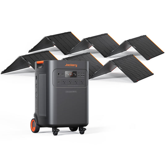 Jackery Solar Generator 5000 Plus bundle with two SolarSaga 500X panels unfolded on white background