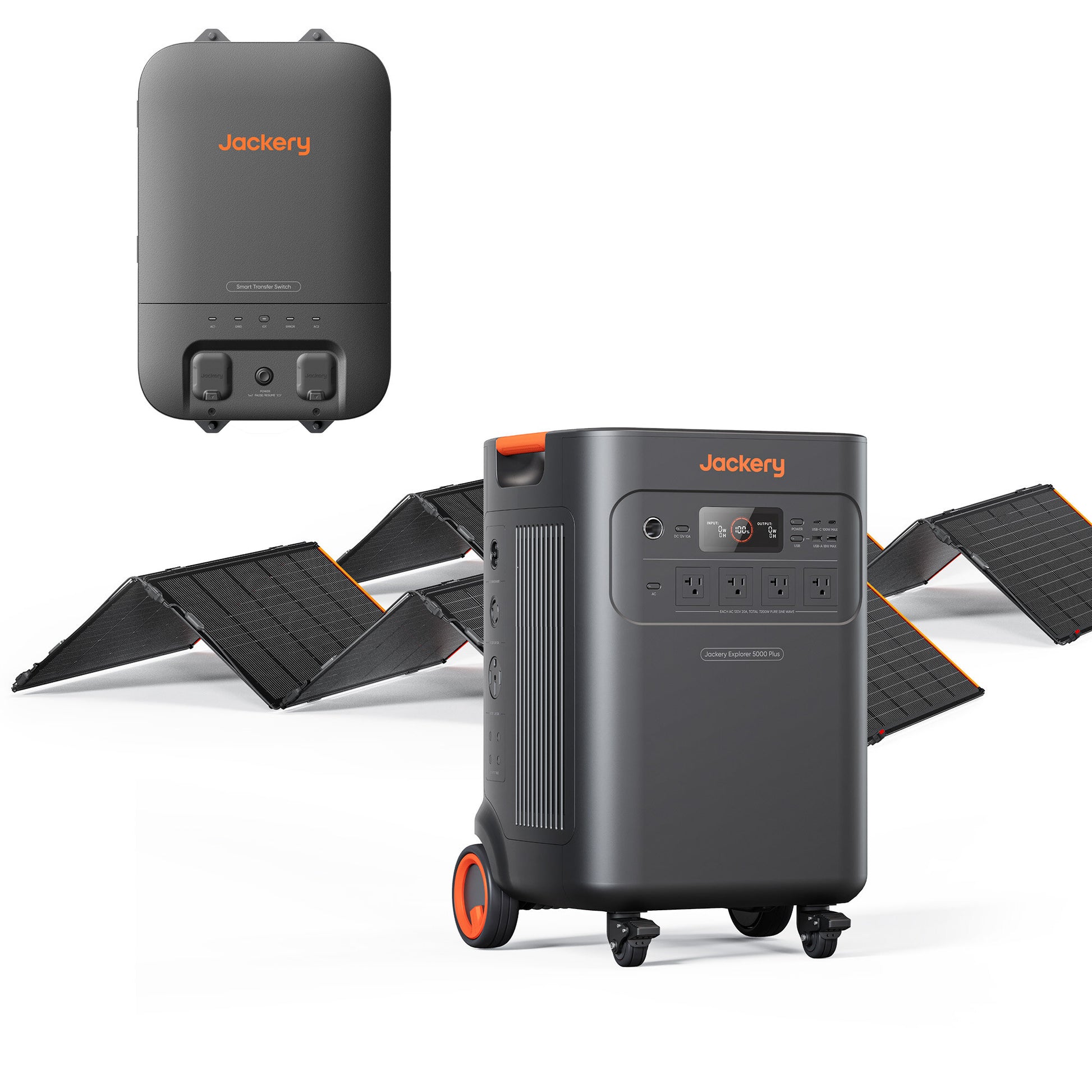 Full bundle shot of Explorer 5000 Plus, two 500X solar panels, and Smart Transfer Switch on white background