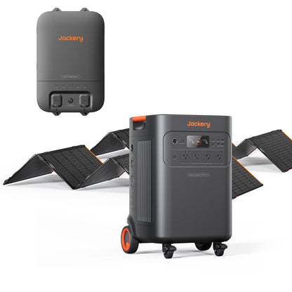 Full bundle shot of Explorer 5000 Plus, two 500X solar panels, and Smart Transfer Switch on white background