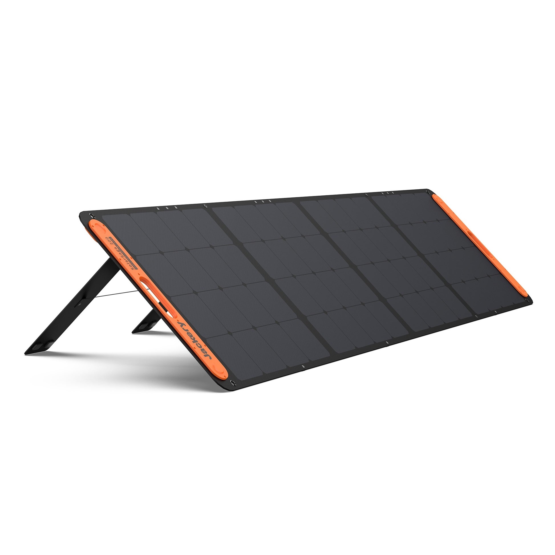 Jackery SolarSaga 200W solar panel unfolded on its kickstand, three-quarter view on white background