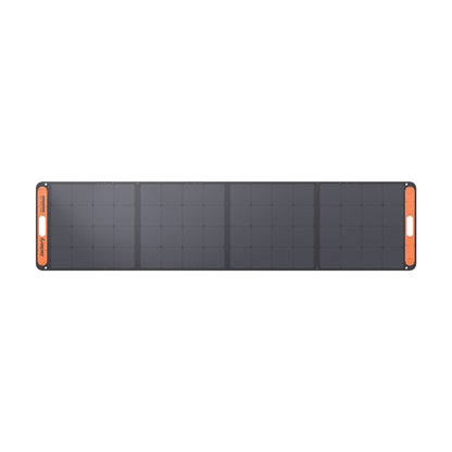 Jackery SolarSaga 200W solar panel laid flat and fully unfolded, showing all four cell sections, on white background