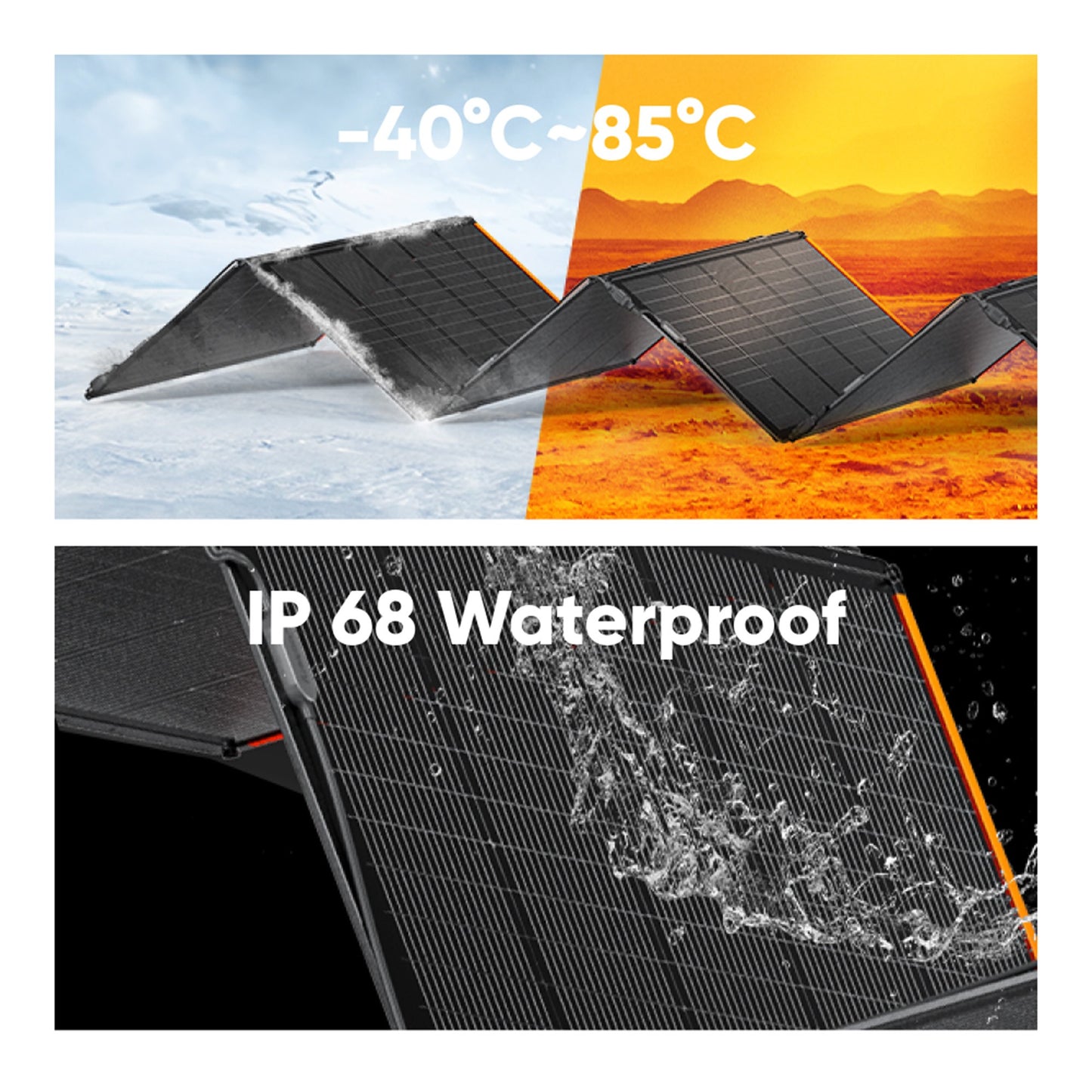 SolarSaga 500X panel weather resistance: IP68 waterproof rating and a minus 40 to 85 degrees Celsius operating range
