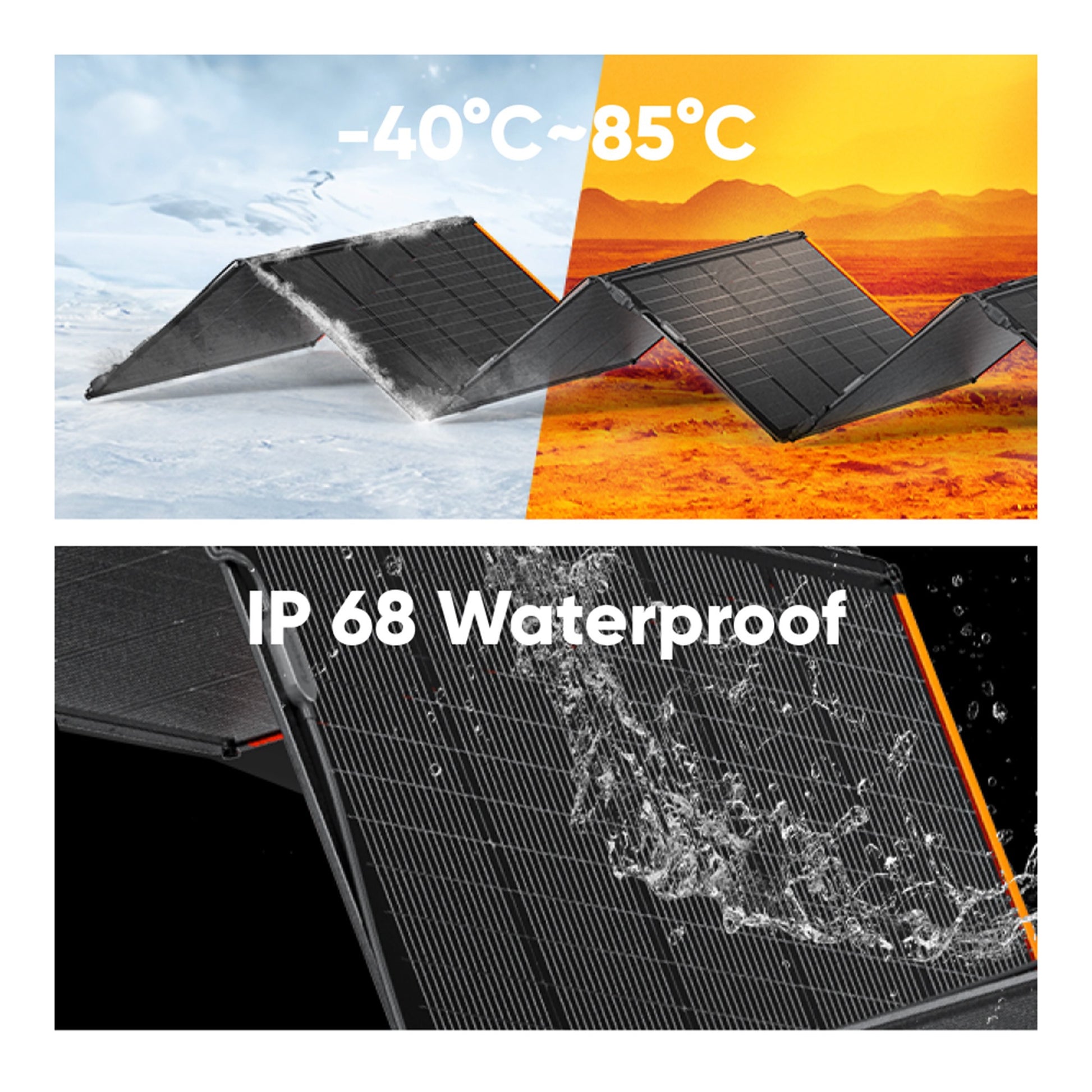 SolarSaga 500X panel weather resistance: IP68 waterproof rating and a minus 40 to 85 degrees Celsius operating range