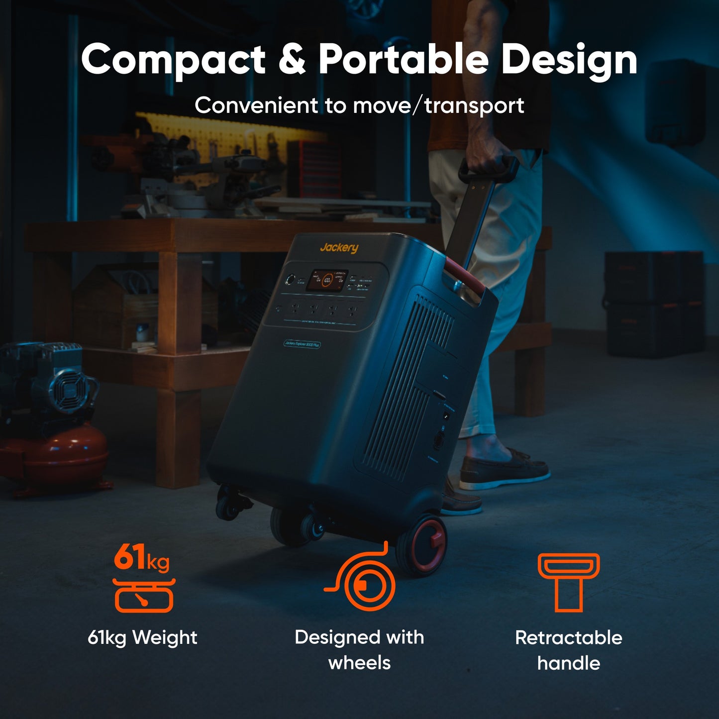 Portability detail: 61 kg unit weight, built-in wheels and a retractable pull handle for moving the power station