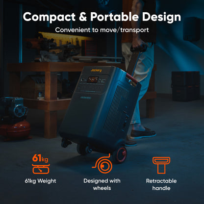 Portability detail: 61 kg unit weight, built-in wheels and a retractable pull handle for moving the power station