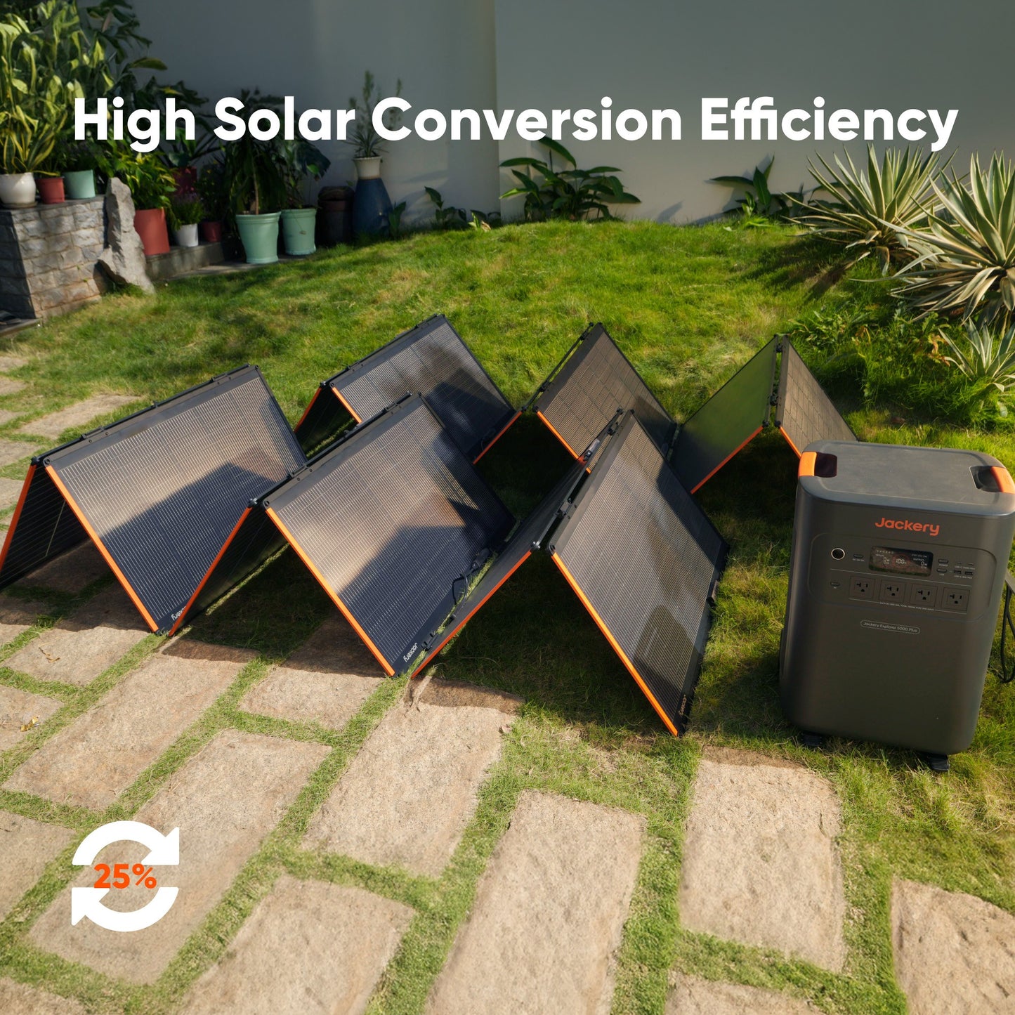 SolarSaga 500X panels set up on a patio charging the Explorer 5000 Plus, with 25 percent solar conversion efficiency noted