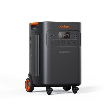 Jackery Explorer 5000 Plus power station on white background, angled view showing wheels, retractable handle and front outlet panel