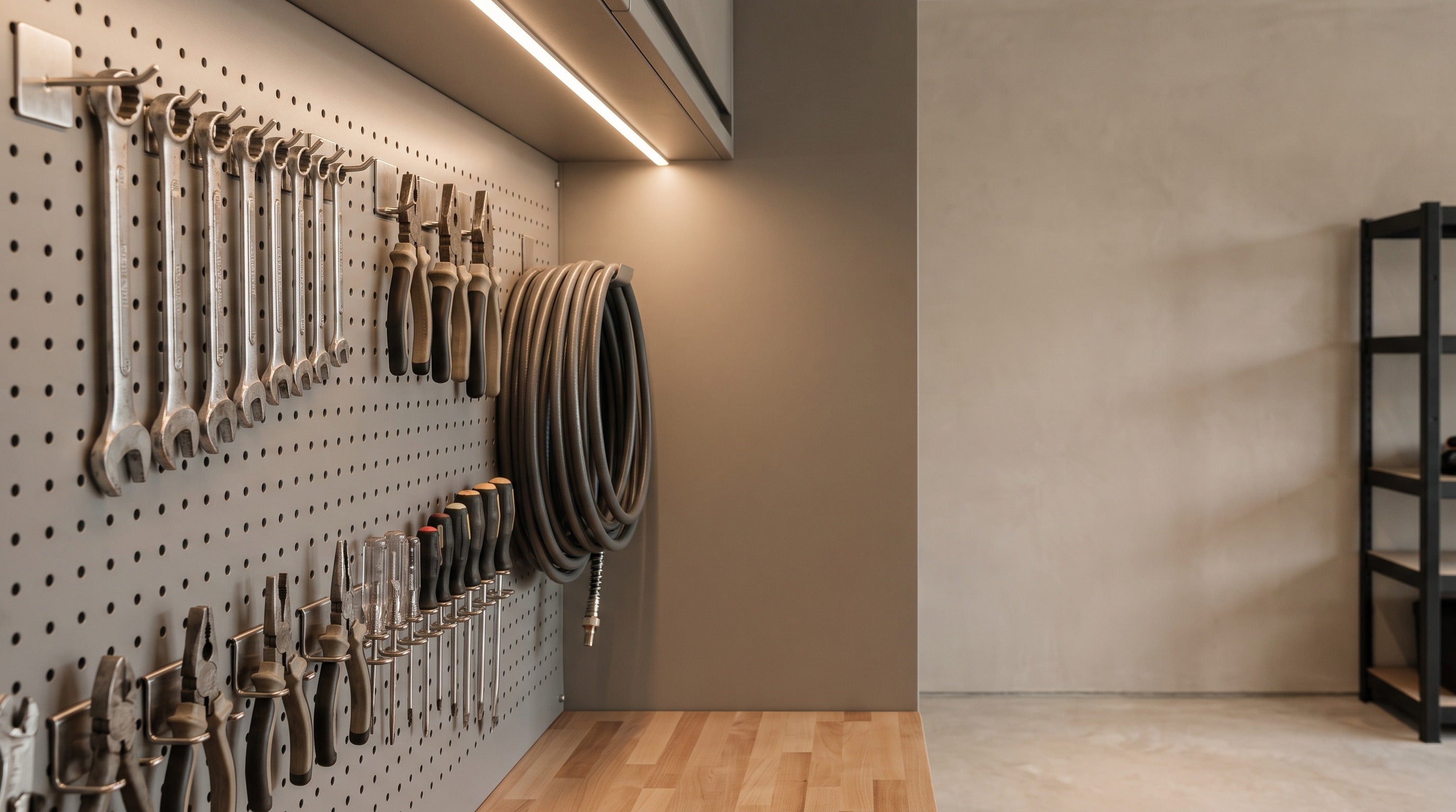 Garage accessories — organization and lighting details on a pegboard wall