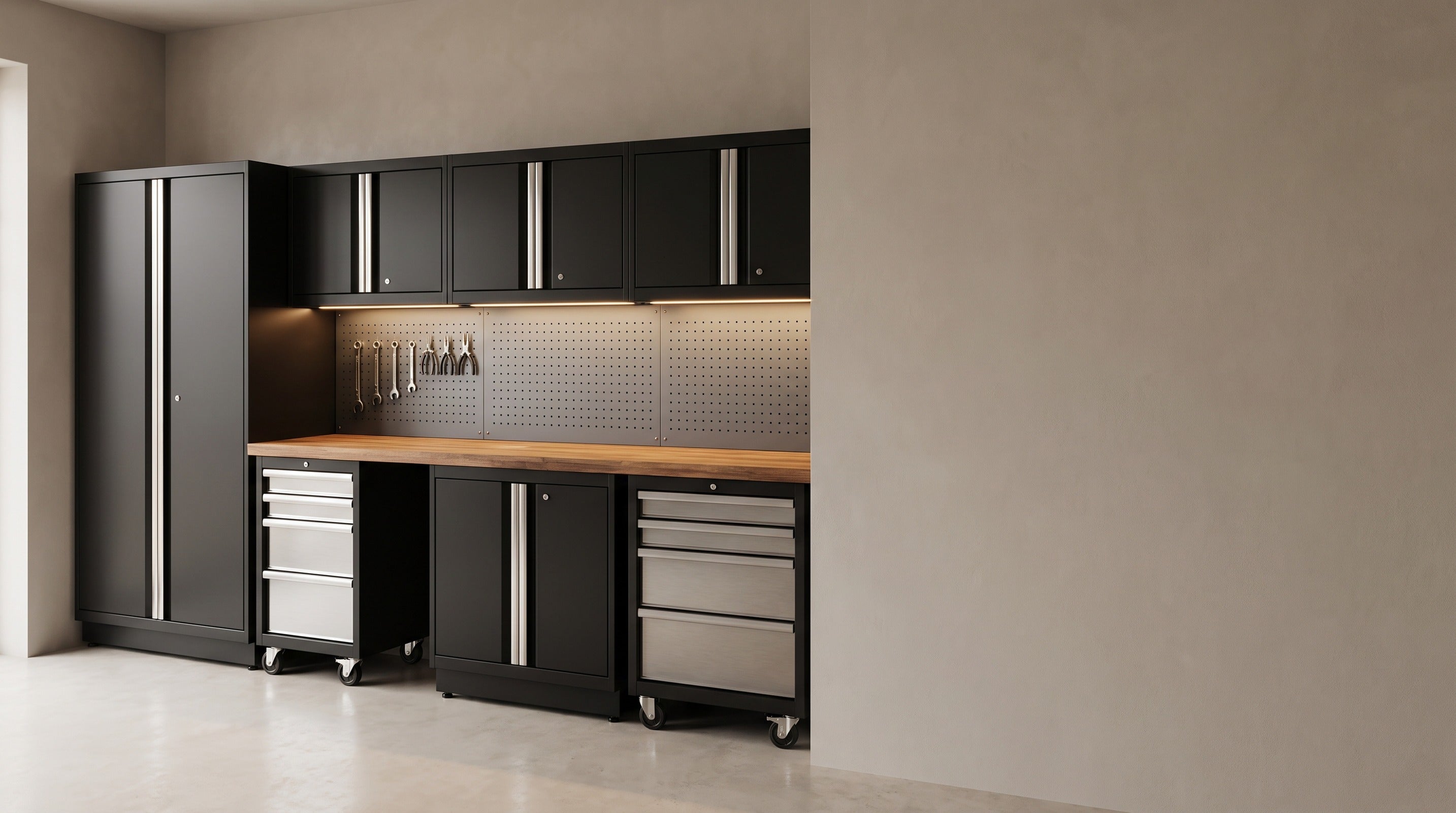 Garage storage and workstations — modular black cabinets with butcher-block worktop
