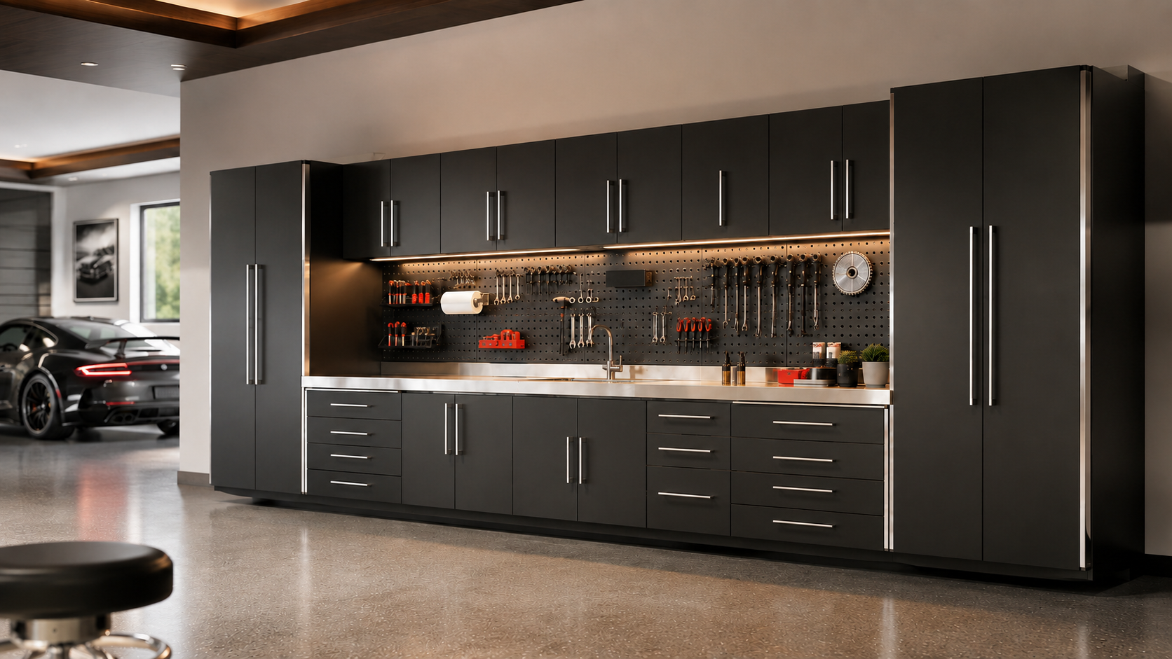 Full-wall black garage cabinet run with pegboard, stainless worktop and under-cabinet lighting