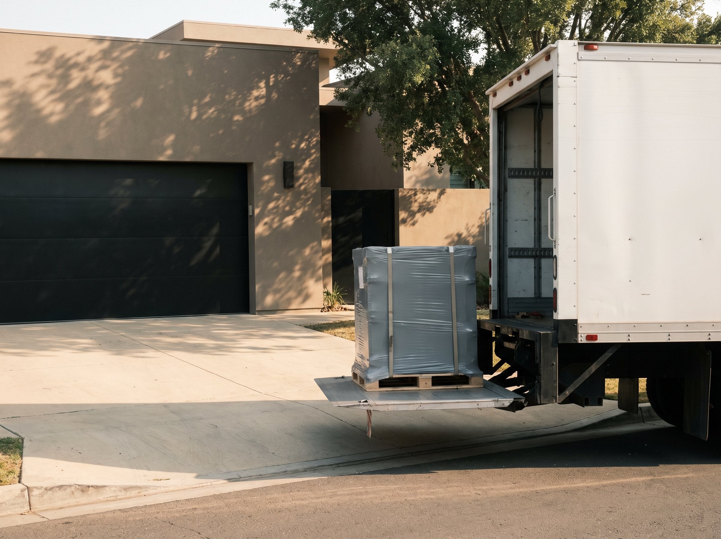 A shrink-wrapped pallet on the lowered hydraulic liftgate of a box truck at the kerb of a residential driveway