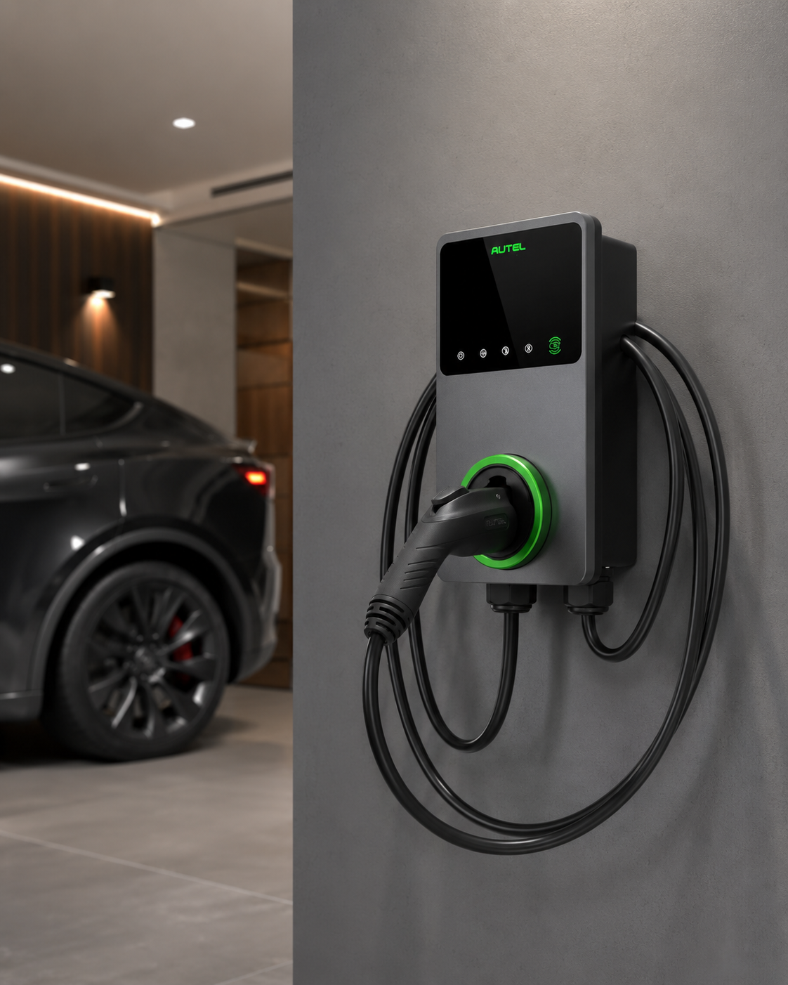Wall-mounted Autel Level 2 EV charger with its cable coiled on the holster, an electric car parked in the bay behind