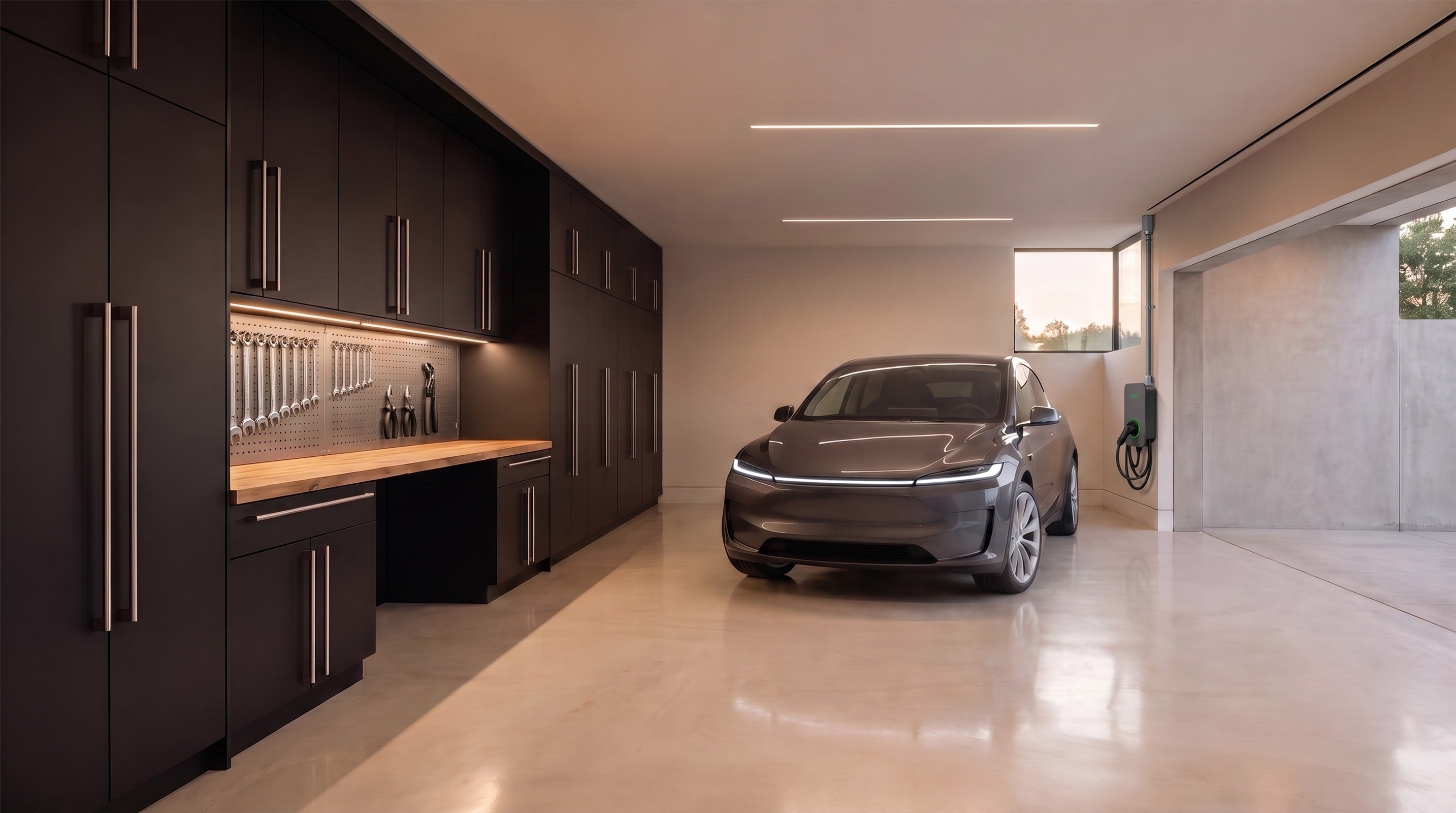 SmartBay garage bay with matte-black modular storage, butcher-block workbench, and EV charger