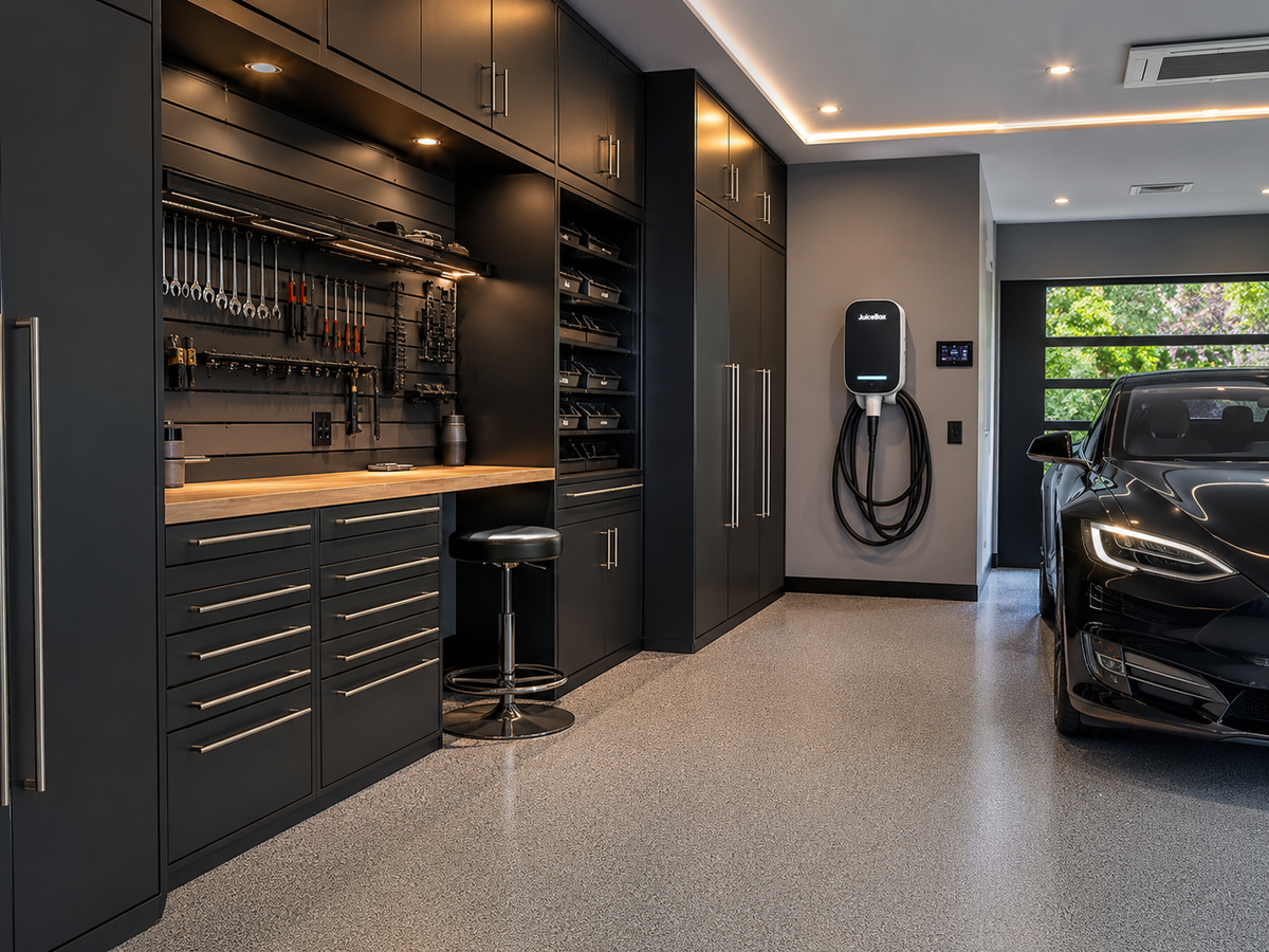 Dark modern garage workshop with black cabinetry, butcher-block bench, wall-mounted EV charger and an electric car parked in the bay