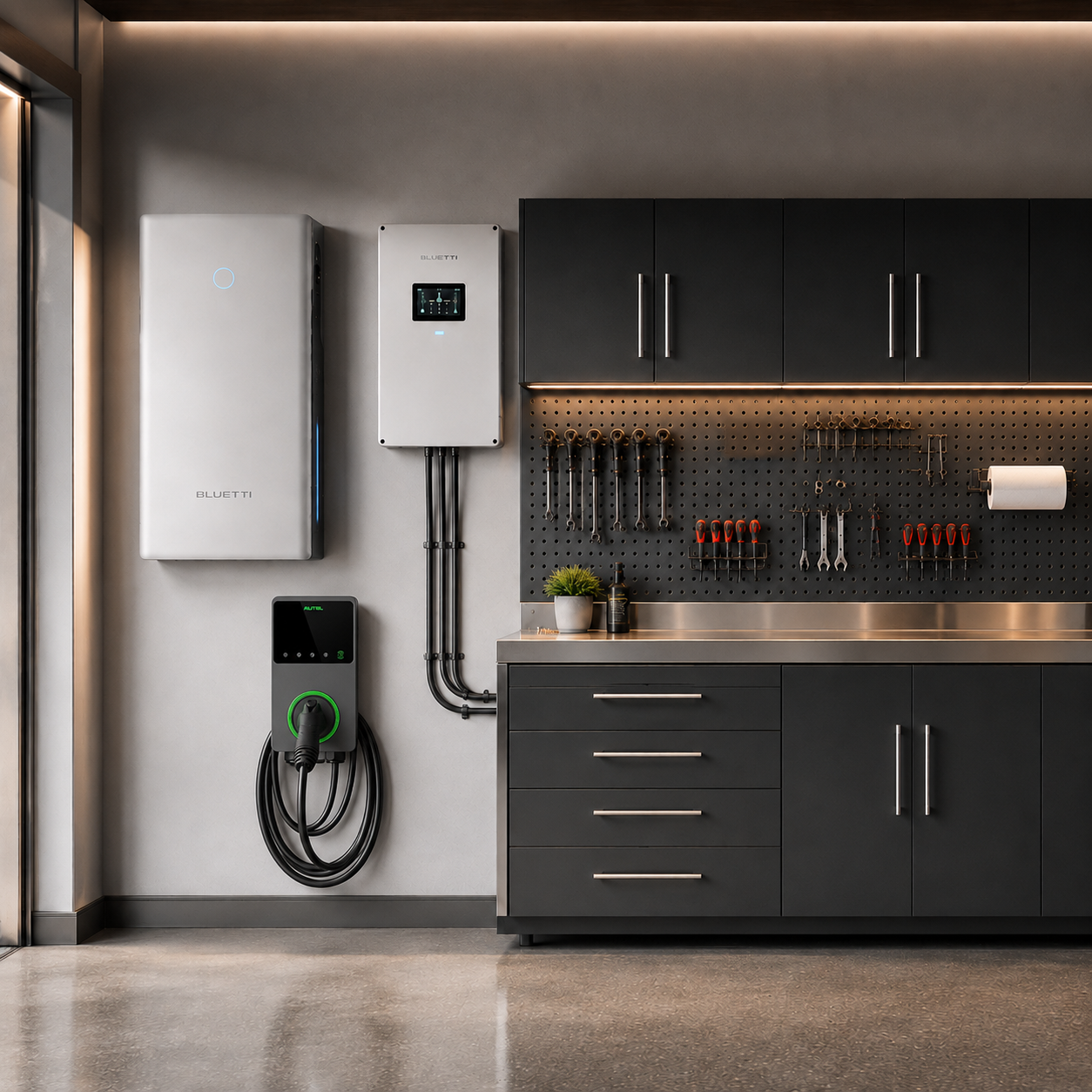 Garage wall built out as one system: wall-mounted home battery and inverter, Level 2 EV charger, and a black cabinet run with pegboard and stainless worktop