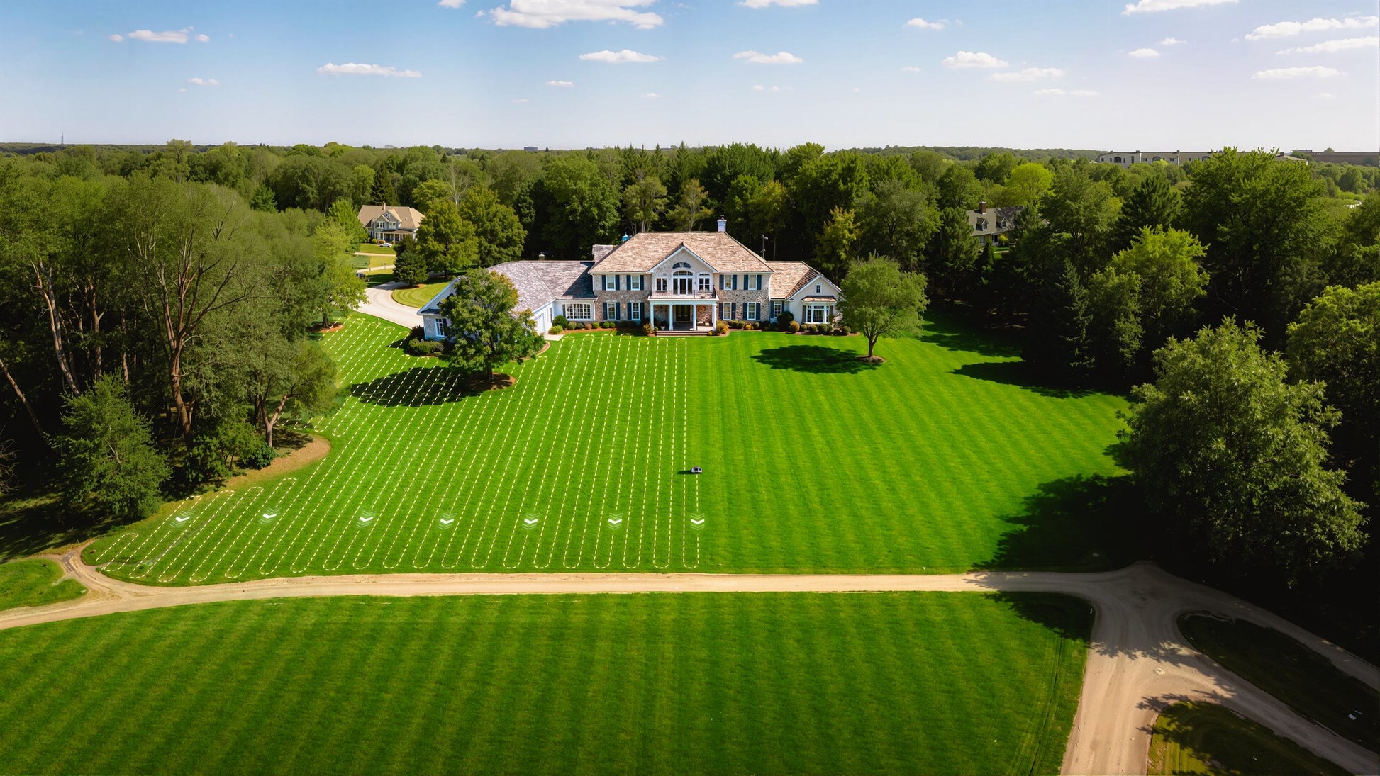 Aerial view of a large lawn cut in planned passes
