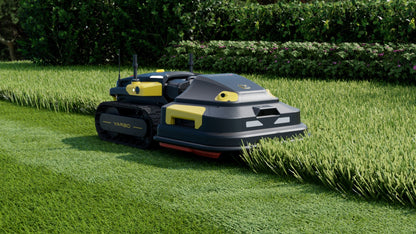 Yarbo Lawn Mower Pro module cutting close along a hedge line