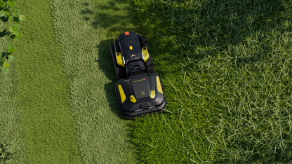 Aerial view of a lawn cut in stripes by the Yarbo Core with the Lawn Mower Pro module
