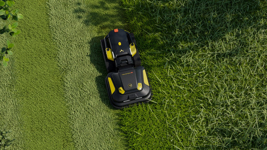 Aerial view of a lawn cut in stripes by the Yarbo Core with the Lawn Mower Pro module
